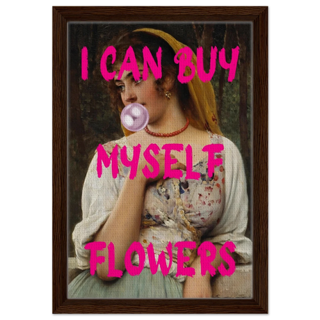 "Bubblegum Venus – I Can Buy Myself Flowers" | Pop Art Renaissance Remix - Framed Canvas - 30x45 cm / 12x18″ - Dark wood frame