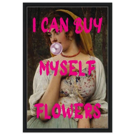 "Bubblegum Venus – I Can Buy Myself Flowers" | Pop Art Renaissance Remix - Framed Canvas - 50x75 cm / 20x30″ - Black frame