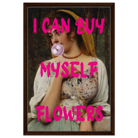 "Bubblegum Venus – I Can Buy Myself Flowers" | Pop Art Renaissance Remix - Framed Canvas - 50x75 cm / 20x30″ - Dark wood frame