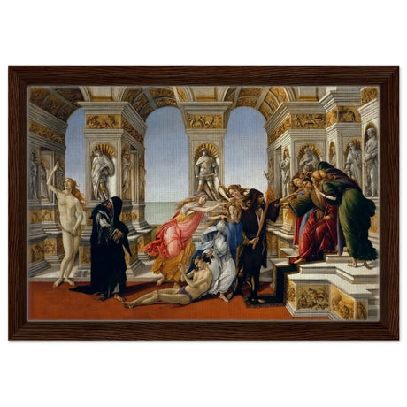 Calumny of Apelles by Sandro Botticelli 1495 | Vintage Art wall art print - Framed Canvas - 30x45 cm / 12x18″ - Dark wood frame