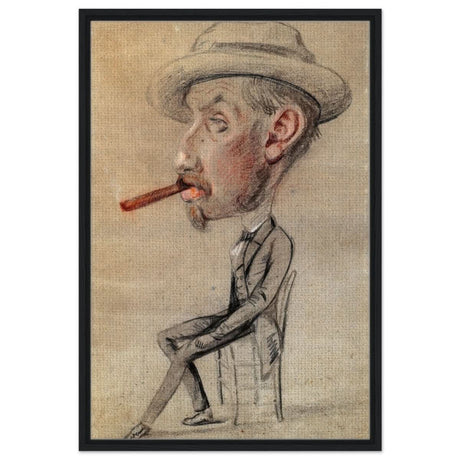 Caricature of a Man with a Big Cigar by Claude Monet | Vintage wall art print - Framed Canvas - 60x90 cm / 24x36″ - Black frame