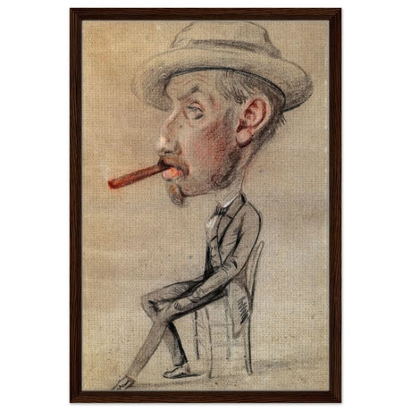 Caricature of a Man with a Big Cigar by Claude Monet | Vintage wall art print - Framed Canvas - 50x75 cm / 20x30″ - Dark wood frame