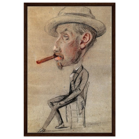 Caricature of a Man with a Big Cigar by Claude Monet | Vintage wall art print - Framed Canvas - 60x90 cm / 24x36″ - Dark wood frame