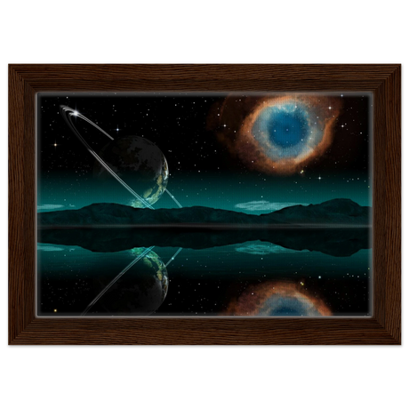 "Celestial Reflections" – A Portal Beyond the Stars | Wall art Print - Framed Canvas - 20x30 cm / 8x12″ - Dark wood frame