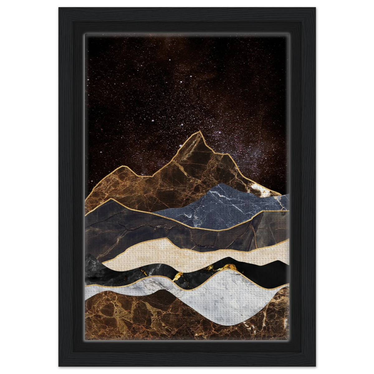 "Celestial Ridges" – Marbled Mountain Majesty | Wall Art Print - Framed Canvas - 20x30 cm / 8x12″ - Black frame