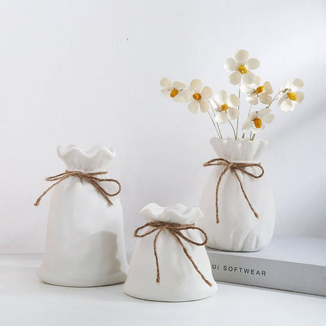 Ceramic Lucky Bag Vase – Modern Decorative Flower Vases for Home & Office - Medium Lucky Bag - White - 