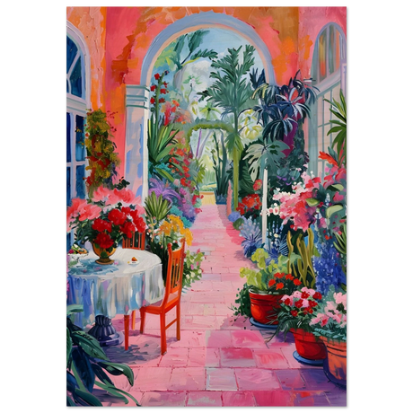 garden of morning light blooming terrace escape wall art print70x100 cm / 28x40″Brushed Aluminum Print