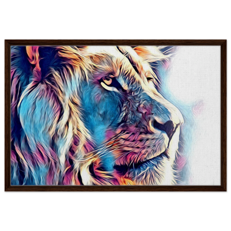 Chromatic King – Vibrant Abstract Lion Wall Art Print - Framed Canvas - 60x90 cm / 24x36″ - Dark wood frame