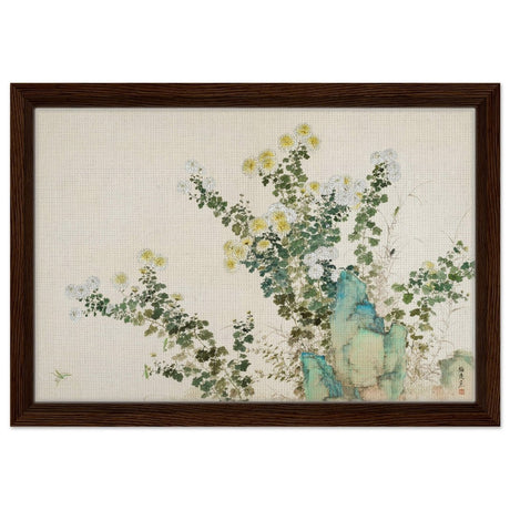 Chrysanthemum Serenity | Traditional Chinese Botanical wall art print - Framed Canvas - 30x45 cm / 12x18″ - Dark wood frame