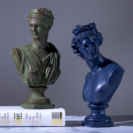 Classical Athena & Apollo Bust Sculptures – Modern Resin Artwork - Blue - 