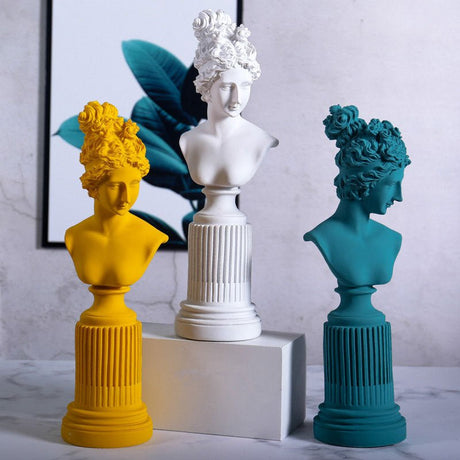 Classical Goddess Resin Bust Sculptures – Colourful Home Décor Collection (Yellow, White, Teal) - Black - 