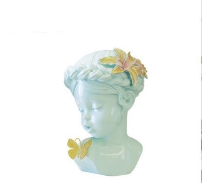 Classical Resin Head Bust Sculpture – Decorative Portrait Statue Ornament - Butterfly Muse - Blue - 