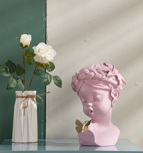 Classical Resin Head Bust Sculpture – Decorative Portrait Statue Ornament - Butterfly Muse - Pink - 