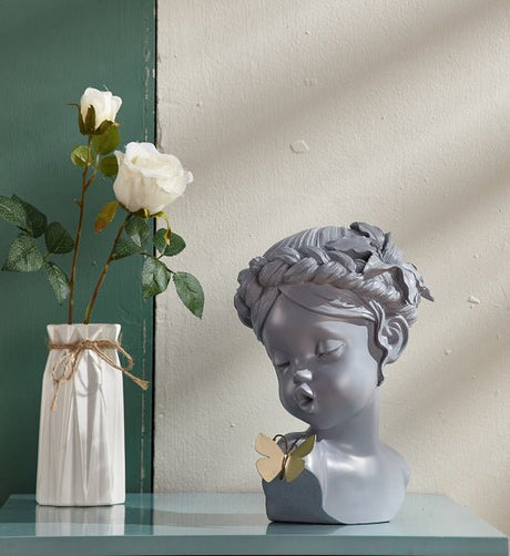 Classical Resin Head Bust Sculpture – Decorative Portrait Statue Ornament - Butterfly Muse - Grey - 