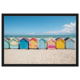“Coastal Candy Huts” | Wall Art Print - Framed Canvas - 50x75 cm / 20x30″ - Black frame