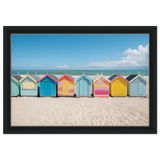 “Coastal Candy Huts” | Wall Art Print - Framed Canvas - 30x45 cm / 12x18″ - Black frame