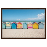 “Coastal Candy Huts” | Wall Art Print - Framed Canvas - 50x75 cm / 20x30″ - Dark wood frame