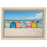 “Coastal Candy Huts” | Wall Art Print - Framed Canvas - 20x30 cm / 8x12″ - Wood frame