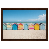 “Coastal Candy Huts” | Wall Art Print - Framed Canvas - 40x60 cm / 16x24″ - Dark wood frame