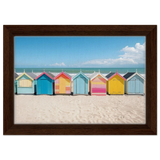 “Coastal Candy Huts” | Wall Art Print - Framed Canvas - 20x30 cm / 8x12″ - Dark wood frame