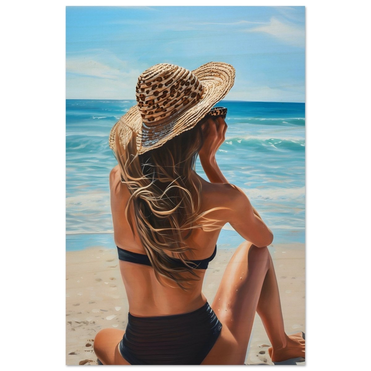 Coastal Reflection: Woman by the Waves | Hyperrealism with a Coastal Theme - Wood Prints - 40x60 cm / 16x24″ - 