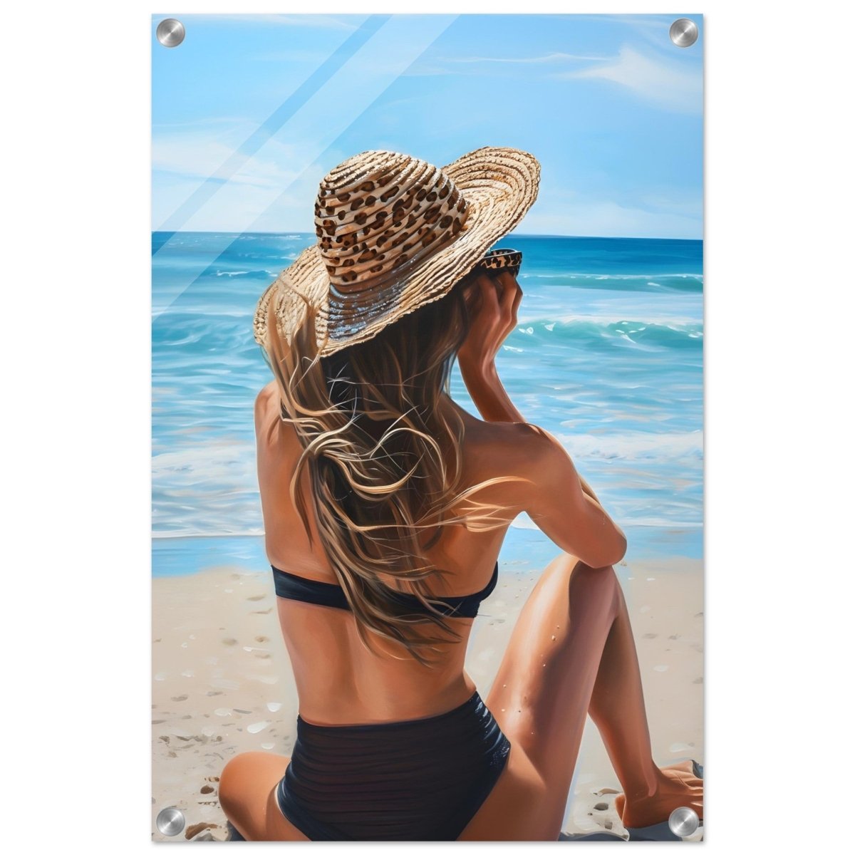 Coastal Reflection: Woman by the Waves | Hyperrealism with a Coastal Theme - Acrylic Print - 40x60 cm / 16x24″ - 