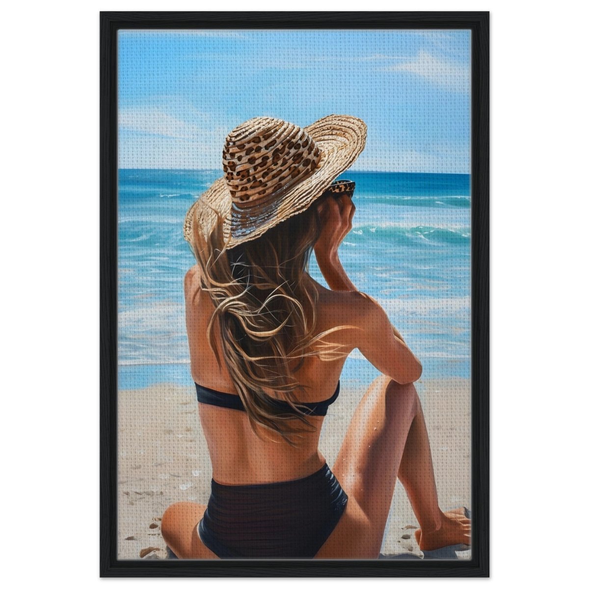 Coastal Reflection: Woman by the Waves | Hyperrealism with a Coastal Theme - Framed Canvas - 50x75 cm / 20x30″ - Black frame