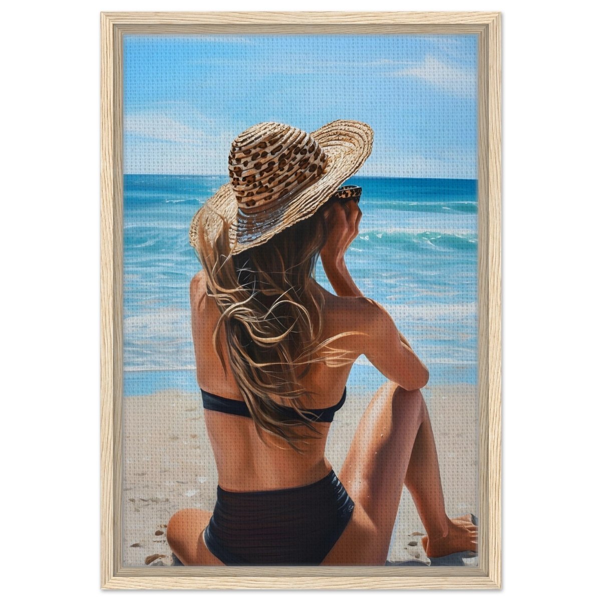 Coastal Reflection: Woman by the Waves | Hyperrealism with a Coastal Theme - Framed Canvas - 40x60 cm / 16x24″ - Wood frame