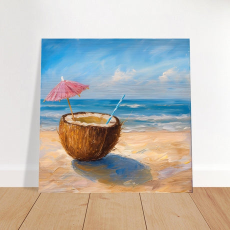 Coconut Bliss by the Shore | Contemporary Realism with Tropical Theme - Brushed Aluminum Print - 30x30 cm / 12x12″ - 