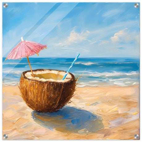 Coconut Bliss by the Shore | Contemporary Realism with Tropical Theme - Acrylic Print - 60x60 cm / 24x24″ - 