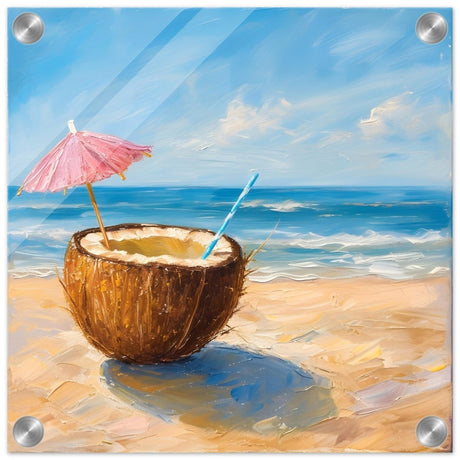Coconut Bliss by the Shore | Contemporary Realism with Tropical Theme - Acrylic Print - 30x30 cm / 12x12″ - 