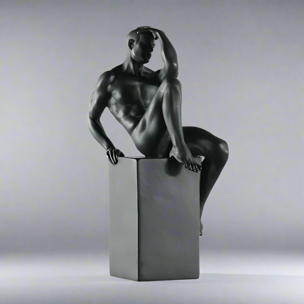 Contemplative Male Figure Sculpture – Modern Black Resin Art Décor - Black - 
