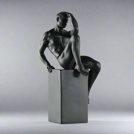 Contemplative Male Figure Sculpture – Modern Black Resin Art Décor - Black - 