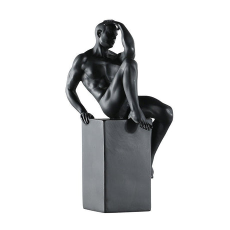 Contemplative Male Figure Sculpture – Modern Black Resin Art Décor - Black - 