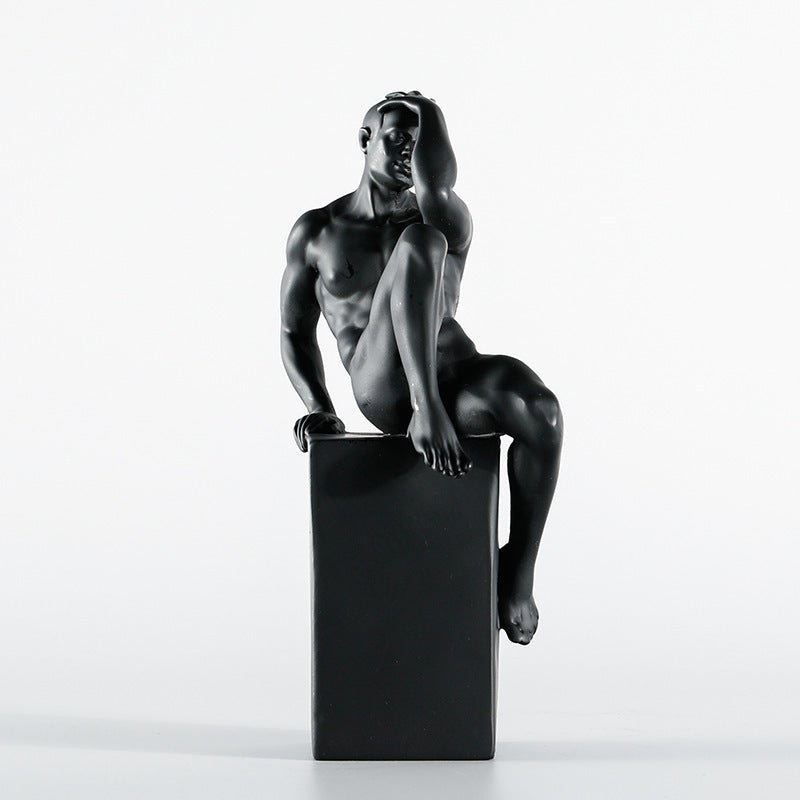 Contemplative Male Figure Sculpture – Modern Black Resin Art Décor - Black - 