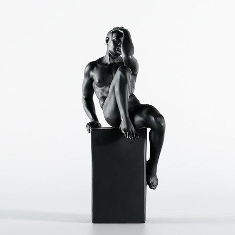 Contemplative Male Figure Sculpture – Modern Black Resin Art Décor - Black - 