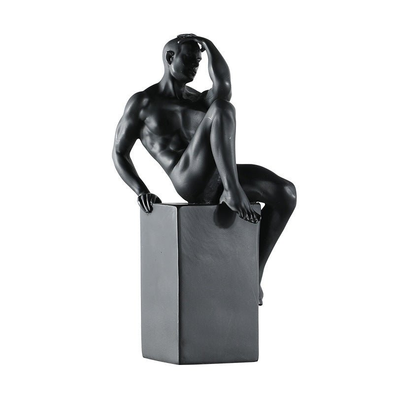 Contemplative Male Figure Sculpture – Modern Black Resin Art Décor - Black - 