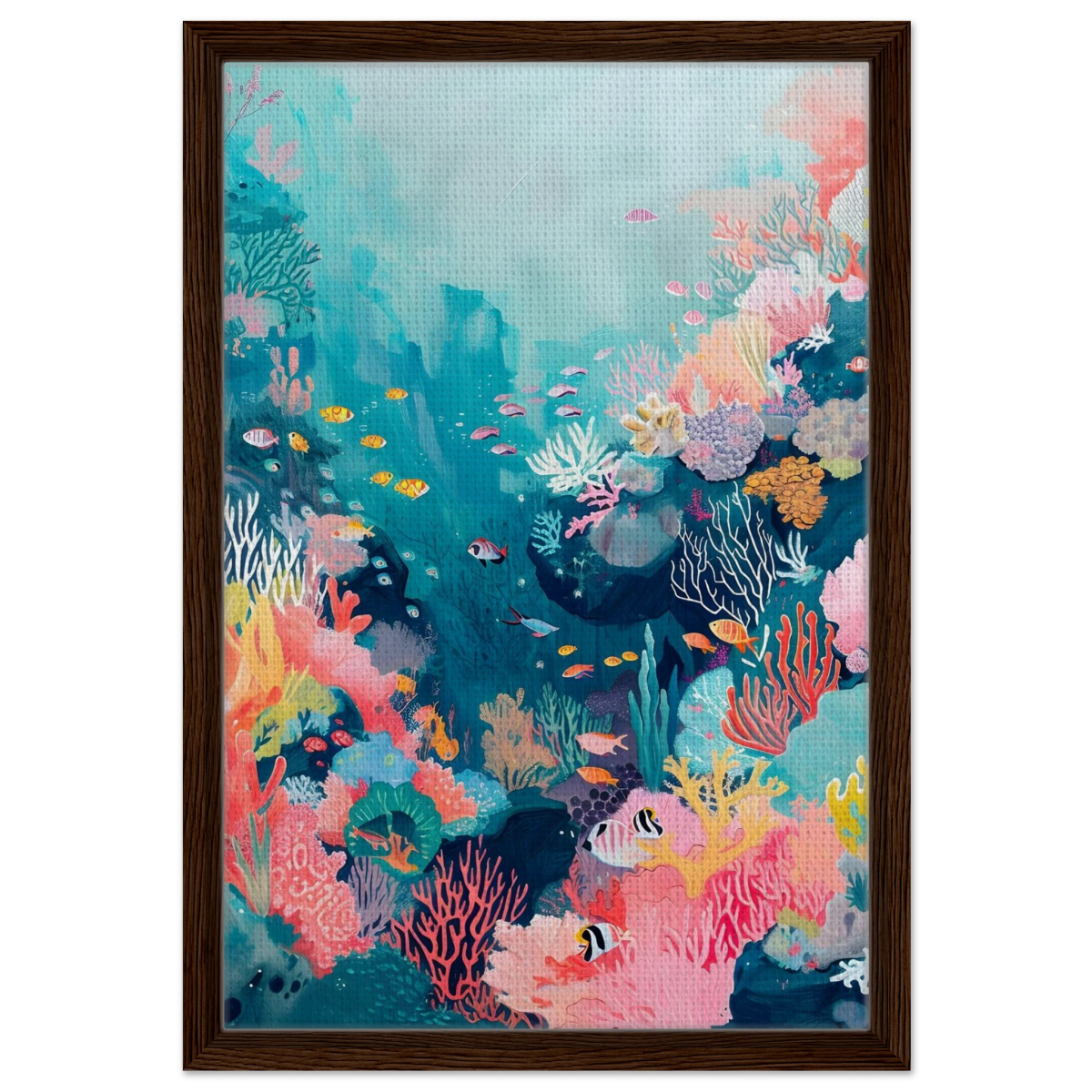 "Coral Symphony" – Underwater Reef Wall Art Print - Framed Canvas - 40x60 cm / 16x24″ - Dark wood frame