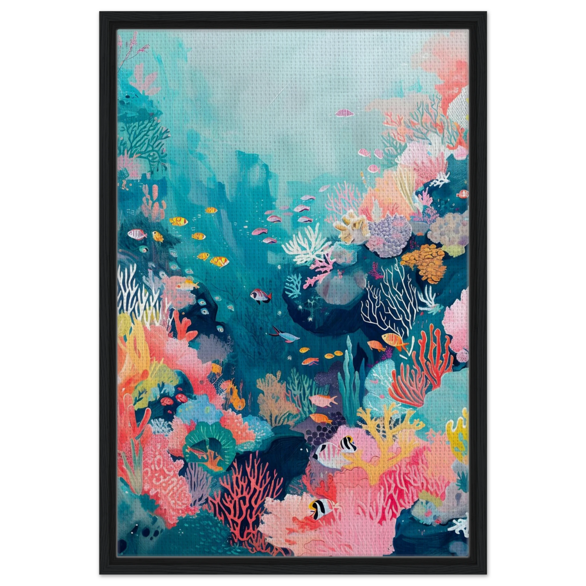"Coral Symphony" – Underwater Reef Wall Art Print - Framed Canvas - 50x75 cm / 20x30″ - Black frame