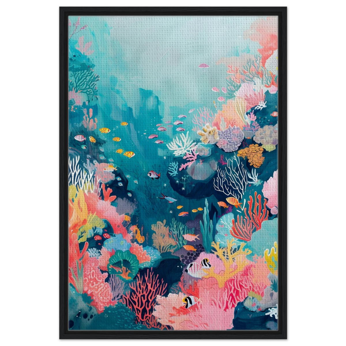 "Coral Symphony" – Underwater Reef Wall Art Print - Framed Canvas - 60x90 cm / 24x36″ - Black frame