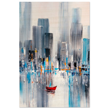 “Crimson Drift” – City Stillness in Motion | Modern Abstract Wall art Print - Wood Prints - 30x45 cm / 12x18″ - 