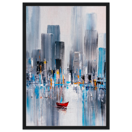 “Crimson Drift” – City Stillness in Motion | Modern Abstract Wall art Print - Framed Canvas - 60x90 cm / 24x36″ - Black frame