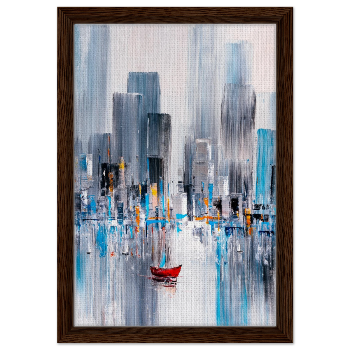 “Crimson Drift” – City Stillness in Motion | Modern Abstract Wall art Print - Framed Canvas - 30x45 cm / 12x18″ - Dark wood frame