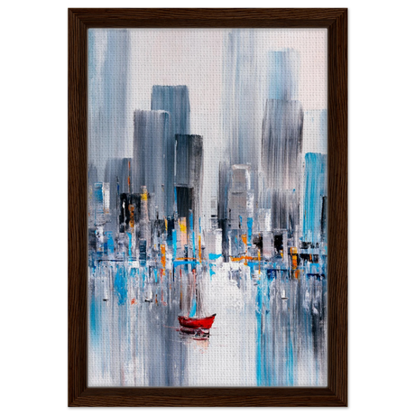 “Crimson Drift” – City Stillness in Motion | Modern Abstract Wall art Print - Framed Canvas - 30x45 cm / 12x18″ - Dark wood frame