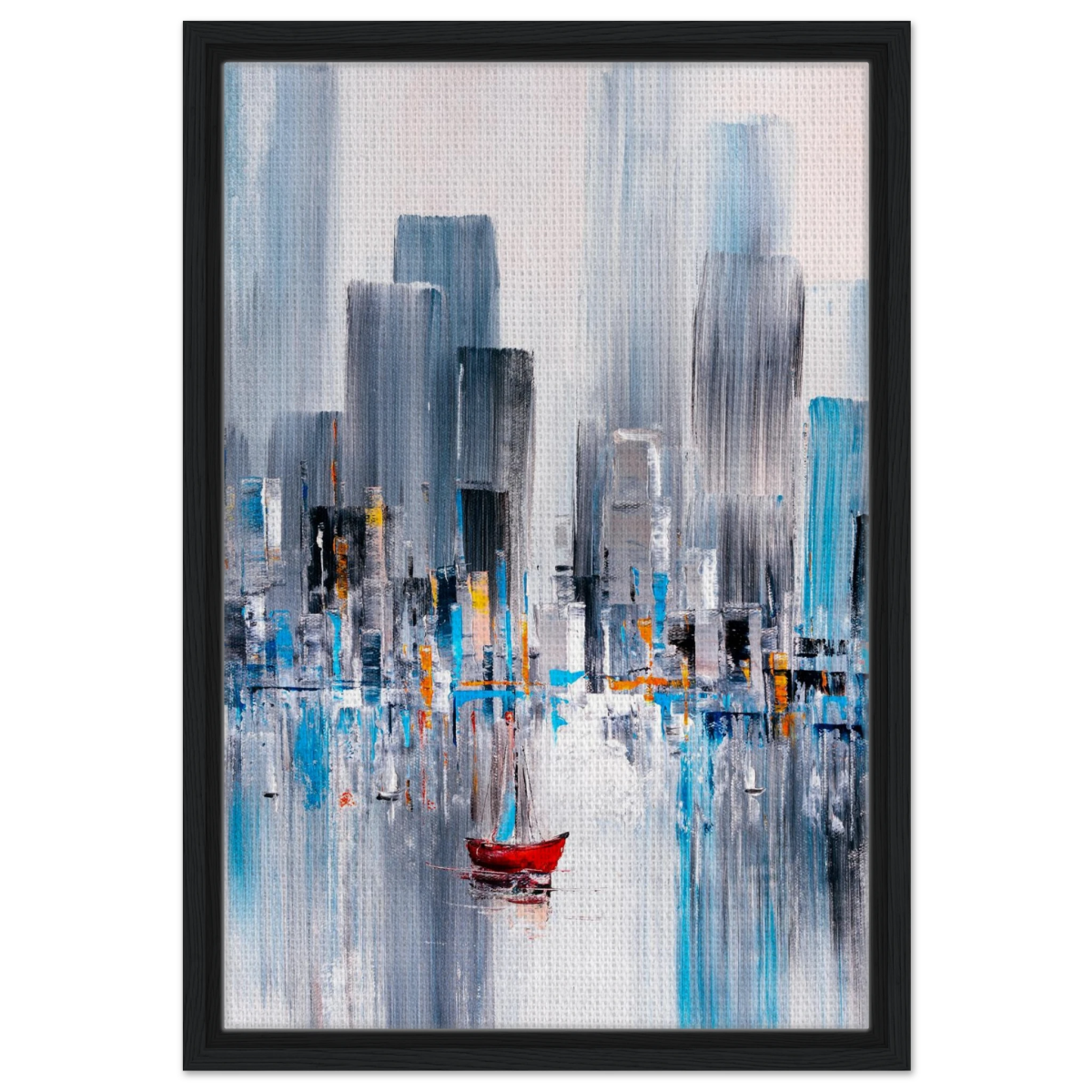 “Crimson Drift” – City Stillness in Motion | Modern Abstract Wall art Print - Framed Canvas - 40x60 cm / 16x24″ - Black frame