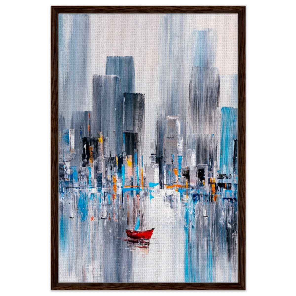 “Crimson Drift” – City Stillness in Motion | Modern Abstract Wall art Print - Framed Canvas - 60x90 cm / 24x36″ - Dark wood frame