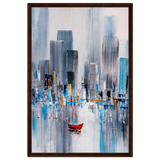“Crimson Drift” – City Stillness in Motion | Modern Abstract Wall art Print - Framed Canvas - 60x90 cm / 24x36″ - Dark wood frame
