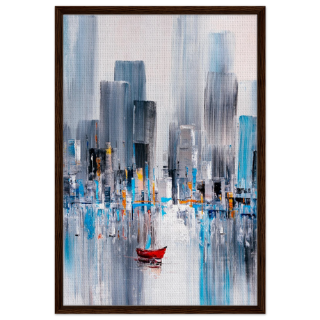 “Crimson Drift” – City Stillness in Motion | Modern Abstract Wall art Print - Framed Canvas - 60x90 cm / 24x36″ - Dark wood frame