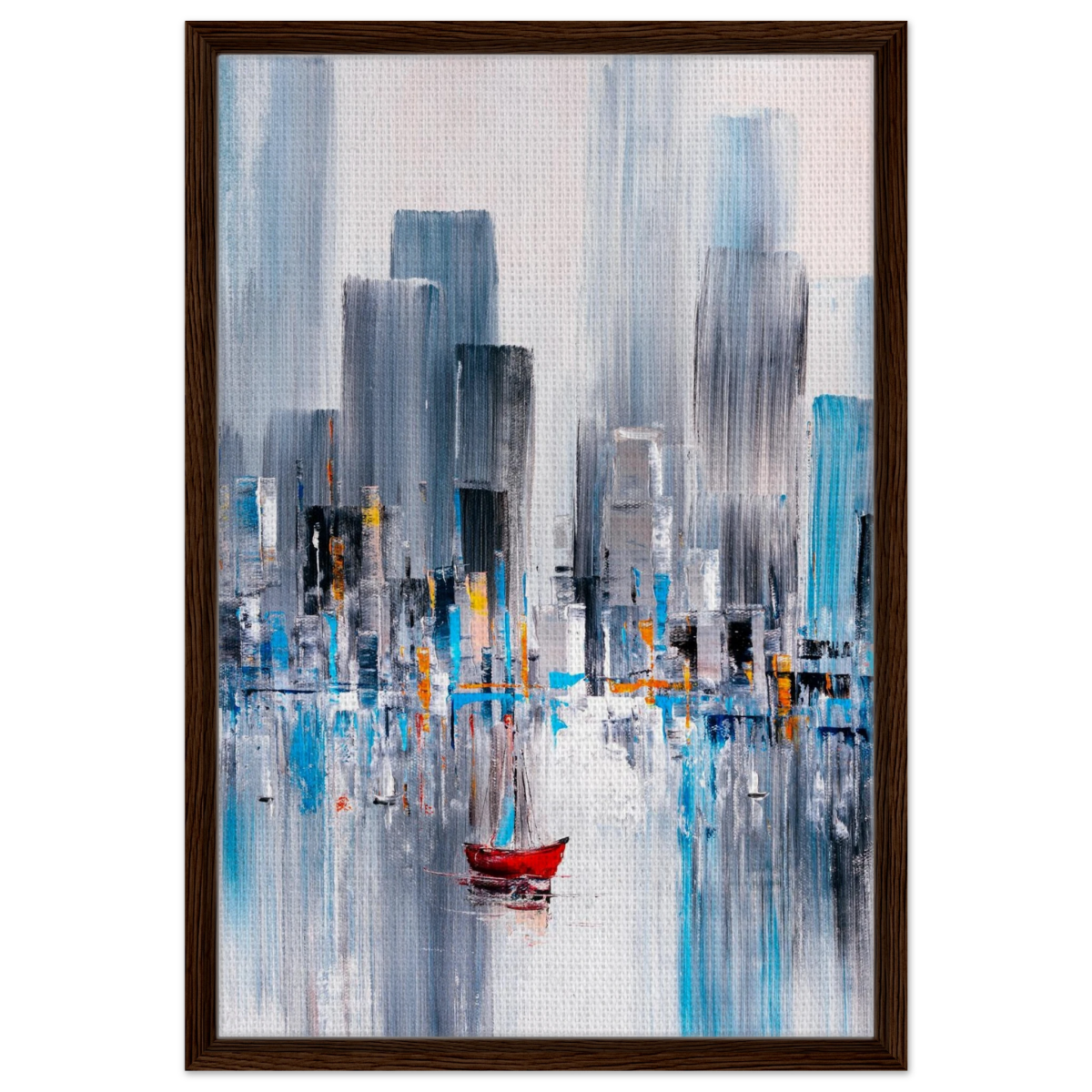 “Crimson Drift” – City Stillness in Motion | Modern Abstract Wall art Print - Framed Canvas - 50x75 cm / 20x30″ - Dark wood frame