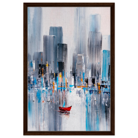 “Crimson Drift” – City Stillness in Motion | Modern Abstract Wall art Print - Framed Canvas - 50x75 cm / 20x30″ - Dark wood frame